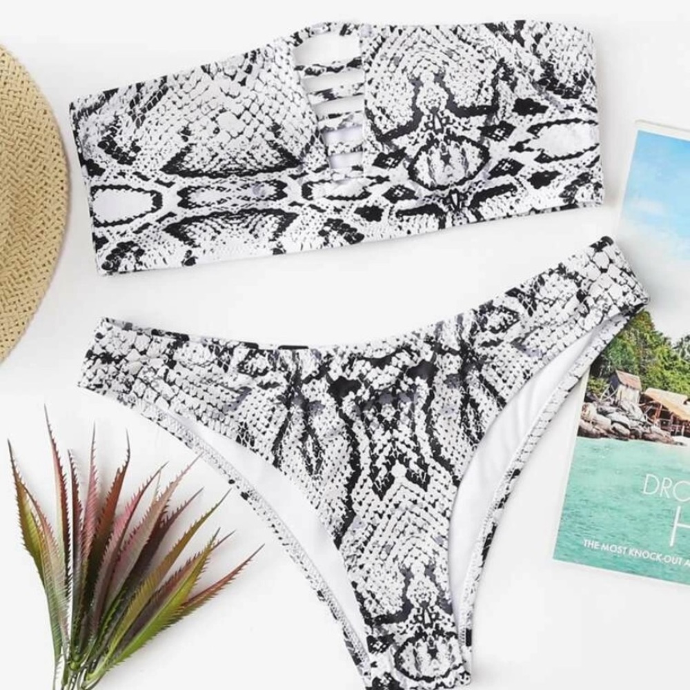 Snake Print Bandeau With High Leg Bikini Set